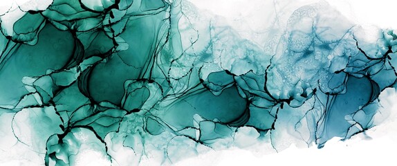 Wall Mural - turquoise and blue alcohol ink background, modern fluid texture with black paths, wall art design, l