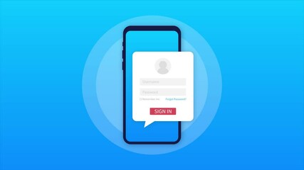 Poster - Login page on smartphone screen. Notebook and online login form, sign in page. User profile, access to account concepts. Motion graphics.