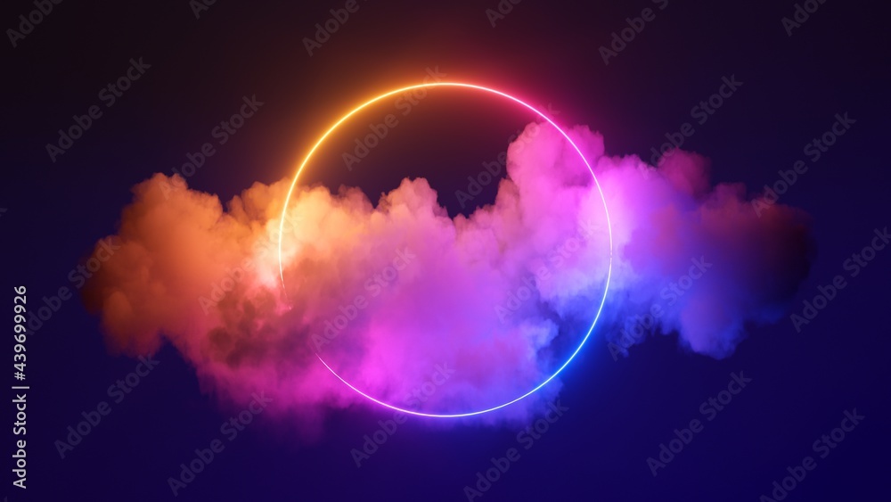 Obraz na płótnie 3d render, abstract cloud illuminated with neon light ring on dark night sky. Glowing geometric shape, round frame w salonie