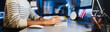 Asian business woman type keyboard, work late night using desktop computer in home office. Hard working business people, work from home or internet information technology concept. Banner size