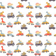 Cute colorful seamless pattern of cartoon dinosaur characters driving automobile