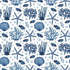 Sea life seamless pattern. Watercolor blue Fish, Starfish, Seaweed, Coral and Scallop Seashell. Ocean underwater animals, water plants. Hand drawn Marine background for print fabric, textile, package