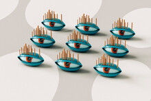 Nine Abstract Eyes On Grey Background - 3D Image