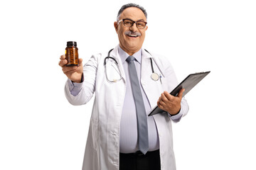 Poster - Smiling mature male doctor holding a bottle of pills