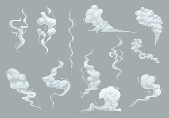 Wall Mural - Cartoon smoke, fog and clouds of vector comic book steam, fire fume and cigarette smoke puff. Dust of speed motion trail, mist vapor, gas or smog, bomb explosion clouds and boom dust waves