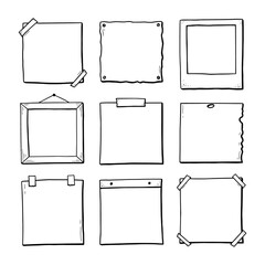 Poster - Hand drawn set of paper sticker, photo frame, picture border. Doodle sketch style. Frame of square and rectangle shape. Vector illustration.