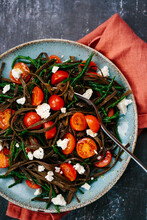 Seaweed Noodles With Tomatoes, Feta Cheese And Samphire.