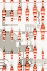 top down view of Pink abstract spheres on futuristic grey background