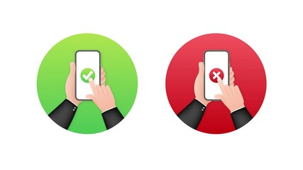Poster - Hands holding smartphones with checkmarks set. Tick and cross check marks. Motion graphics.