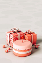 Pink Birthday Cake And Presents On Grey Background