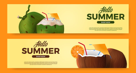 Wall Mural - Hello summer banner promotion with illustration of 3d realistic coconut drink