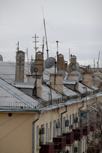 Old Roofs In Kazakhstan With A Lot Of Antennas Chimneys
