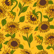Seamless pattern with sunflowers on a yellow background. Vector graphics.