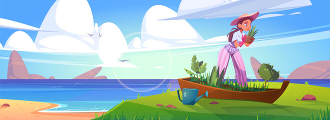 woman planting flowers in old boat on sea beach. vector cartoon summer landscape of sand ocean shore