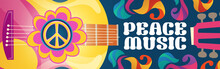 Hippie Music Cartoon Banner With Acoustic Guitar And Peace Symbol On Colorful Ornate Psychedelic Background. Rock-n-roll Hippy Musical Disco Party, Pop Concert, Festival Live Event Vector Retro Design