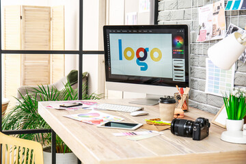 Poster - Comfortable workplace of graphic designer in office