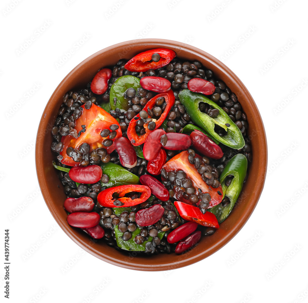 Bowl with tasty cooked lentils and vegetables on white background