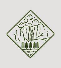 Design For Yosemite Falls National Park In Line Art Style, Badge Design, T-shirt Art, Tee Design