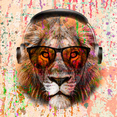 abstract colored lion muzzle in eyeglasses and headphones isolated on white background with paint sp