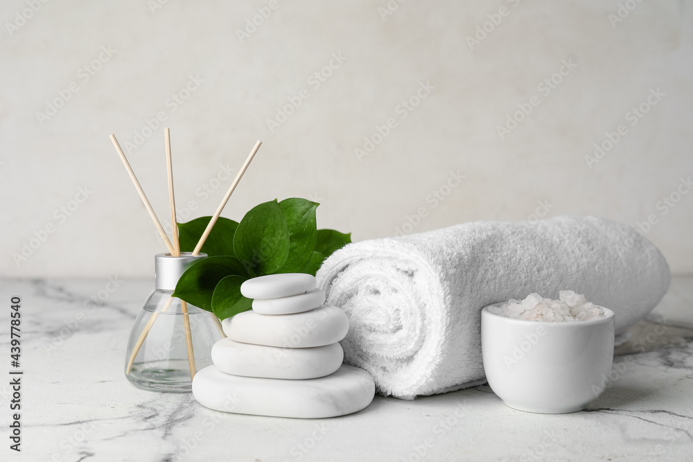 Set of spa supplies on white background