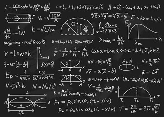 physics formulas. mathematical equations, physics theories, arithmetic calculations. blackboard with