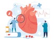 Cardiology. Cardiologists examining heart. High cholesterol medical diagnostics, heart failure treatment, heart transplantation vector concept. Doctors checking organ with magnifier