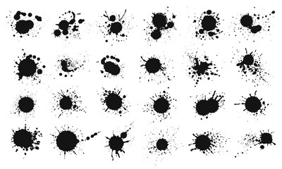 Poster - Ink splatter. Grunge liquid paint splashes and stains. Black ink blots, stains, blobs, drops. Abstract messy spatter texture vector set. Graffiti spots of different shape isolated on white