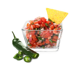 Bowl of tasty Pico de Gallo salsa on white background