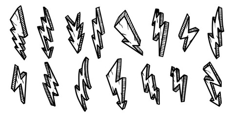 Wall Mural - set of hand drawn electric lightning bolt symbol sketch illustrations. thunder symbol doodle icon .d