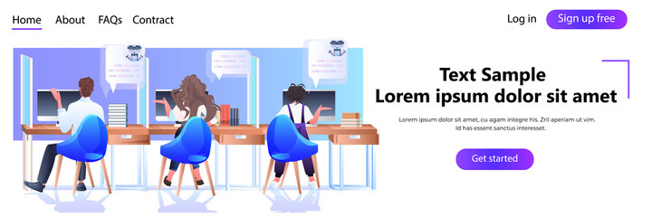 Poster - people sitting at workplaces and discussing with robots chatbot assistants in messenger app artificial intelligence
