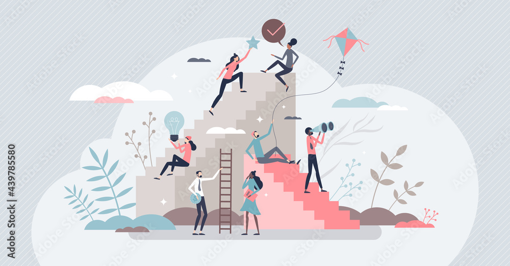 Self growth and personal development progress stages tiny person concept. Reaching for career goals and success vector illustration. Ambition ladders and potential accomplishment vision for future. - obrazy, fototapety, plakaty 
