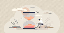 Patience And Slow Time Feeling With Boring Sitting Scene Tiny Person Concept. Idle Business Or Perseverance For Waiting Vector Illustration. Slow Hourglass Countdown Progress And Lazy Forever Emotion.