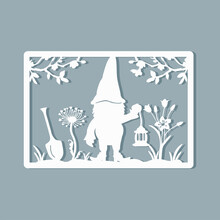 Metal Garden Sign For Garden With Gnome And Flowers And Shovel. Laser Cutting. Vector. Eps