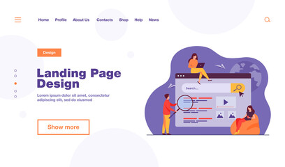 People using search box for query, engine giving result. Vector illustration for SEO work, SERP, online promotion, content marketing concept
