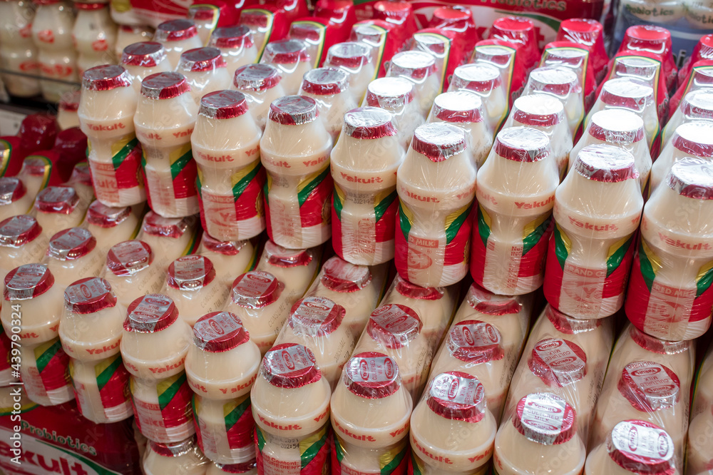 Yakult is a Japanese sweetened probiotic milk beverage fermented