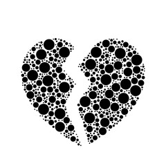 Poster - A large broken heart symbol in the center made in pointillism style. The center symbol is filled with black circles of various sizes. Vector illustration on white background