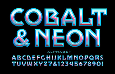 Cobalt and Neon is a reflective, shiny beveled 3d alphabet in chrome cool blue and magenta hues. Good font for science and technology themes, game and film logos, etc.