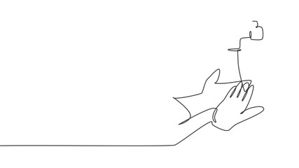 Poster - Self drawing animation of single one line draw washing hands with clean water spilled from the tap to protection hands from germs, bacteria and viruses. Continuous line draw design illustration.
