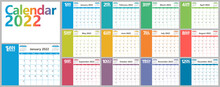 Bright Calendar Planner For 2022 With Months Of Different Colors. The Week Starts On Monday. Vector Illustration