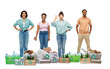 © Syda Productions - recycling, waste sorting and sustainability concept - international group of smiling people with plastic and glass bottles, papers and metal tin cans in boxes showing ok gesture over white background