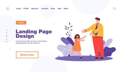 Wall Mural - Daughter greeting father after work. Happy little girl running towards man in uniform flat vector illustration. Family, relationship, childhood concept for banner, website design or landing web page