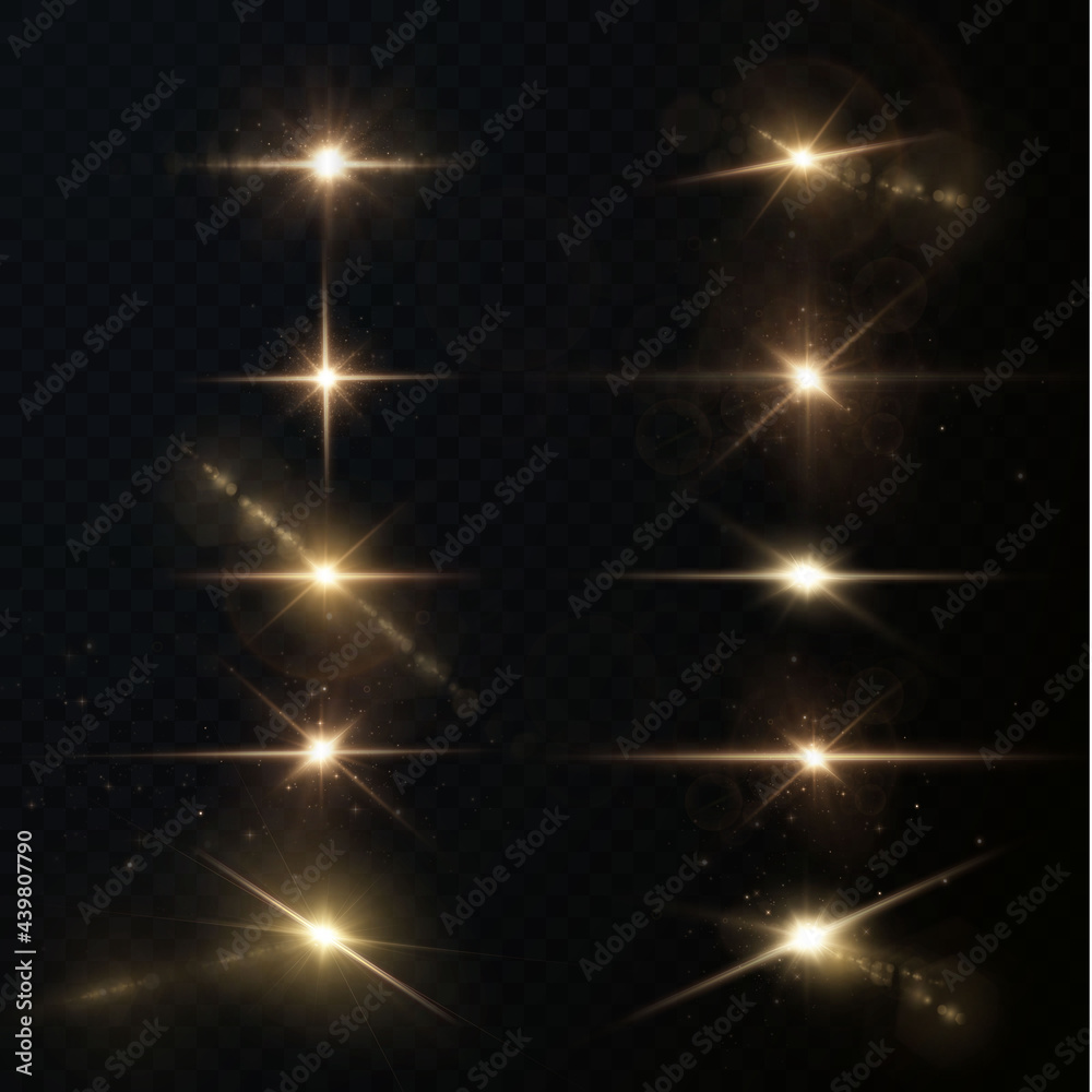 Light rays of light horizontal golden color with glare and flashes isolated on a transparent background. Festive set light laser abstract. Celebratory Gold-colored light star with glare.	
 - obrazy, fototapety, plakaty 