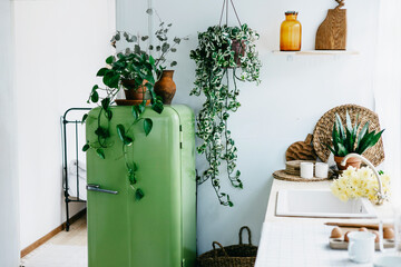 Wall Mural - retro design kitchen with white sink and green refrigerator in a wooden rustic house with cute wood decor, concept of a simple country life