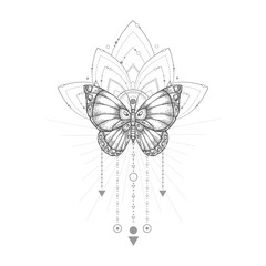 Wall Mural - Vector illustration with hand drawn butterfly and Sacred geometric symbol on white background. Abstract mystic sign. Black linear shape. 