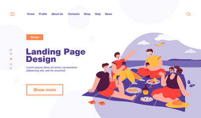 Wall Mural - Group of happy friends having picnic on beach. Cartoon persons eating and drinking on seashore trendy flat vector illustration. Picnic, summer concept for banner, website design or landing web page
