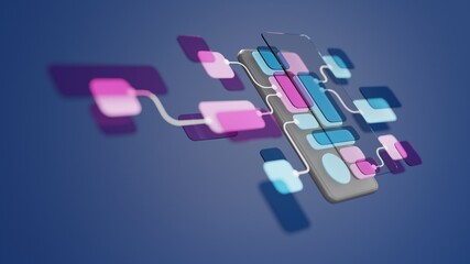 UX UI flowchart connection node graphic designer creative planning application process development data prototype wireframe for web mobile icon phone . User experience concept. 3d rendering.