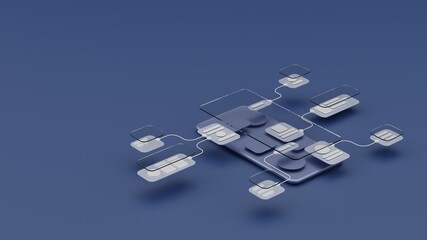 UX UI flowchart connection node graphic designer creative planning application process development data prototype wireframe for web mobile icon phone . User experience concept. 3d rendering.