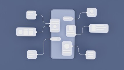 Aufkleber - UX UI flowchart connection node graphic designer creative planning application process development data prototype wireframe for web mobile icon phone . User experience concept. 3d rendering.