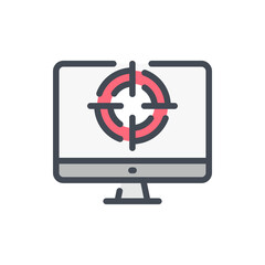 Fototapete - Online target audience analytics color line icon. Personal computer with target on monitor vector outline colorful sign.
