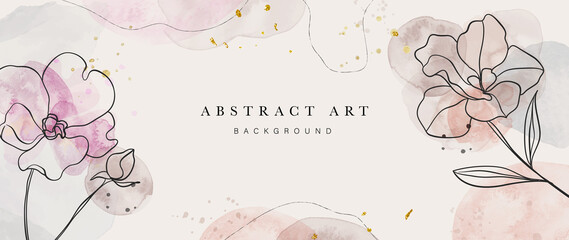 Abstract art background vector. Luxury minimal style wallpaper with golden line art flower and botanical leaves, Organic shapes, Watercolor. Vector background for banner, poster, Web and packaging.